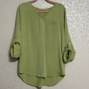 Soft Surroundings Sz S Blouse Top Roll Tab Sleeve Green V-neck Soft Tencel Tunic